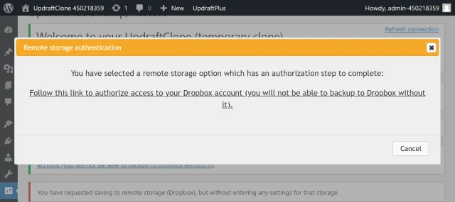 Select on the link in the 'Remote storage authentication' dialogue to authorize access to Dropbox