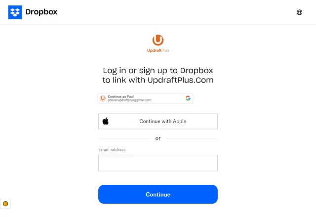Link Dropbox account to UpdraftPlus by logging in/signing up