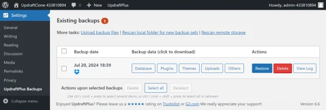 Existing backups log