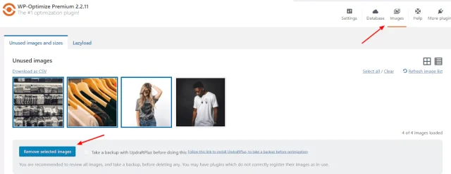 In the Images page, go to 'Unused images and sizes' select the unused images, then select 'Remove selected images' button