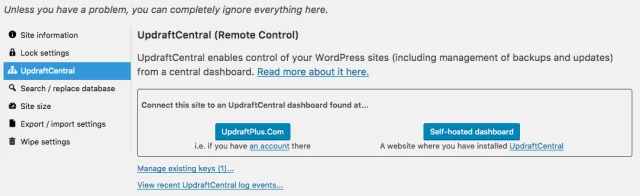 UpdraftCentral options page