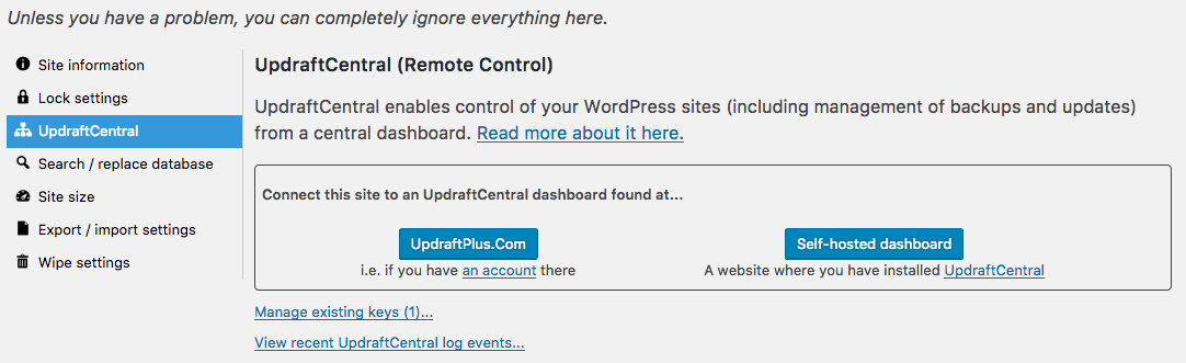 UpdraftCentral options page