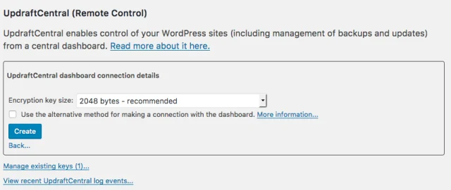 In the 'UpdraftCentral dashboard connection details' select 'Use the alternative method for making a connection...'