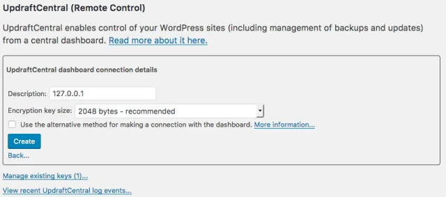 In the 'UpdraftCentral dashboard connection details' select 'Create' button to generate the key