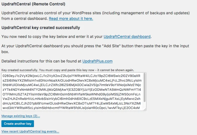 UpdraftCentral key