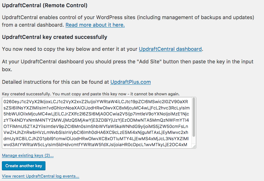 UpdraftCentral key