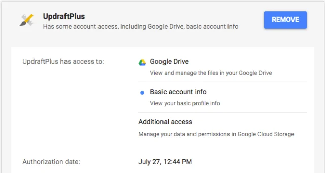 Select 'Remove' button to revoke UpdraftPlus access permission