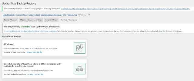 In UpdraftPlus 'Premium/Extension' tab