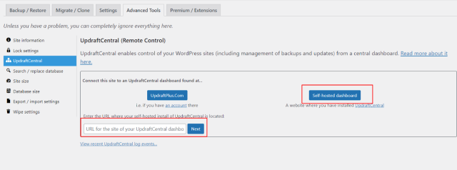 In UpdraftPlus 'Advanced tools' tab, in the UpdraftCentral section add the site URL, then select 'Self-hosted' dashboard button