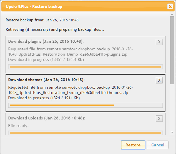 Downloading and Restoring of backup progress view