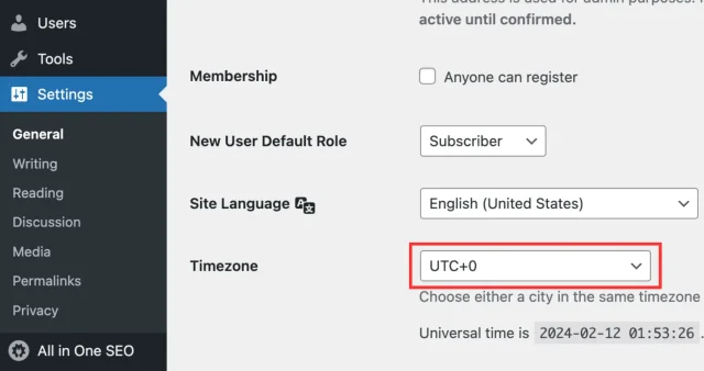 WordPress time zone settings section