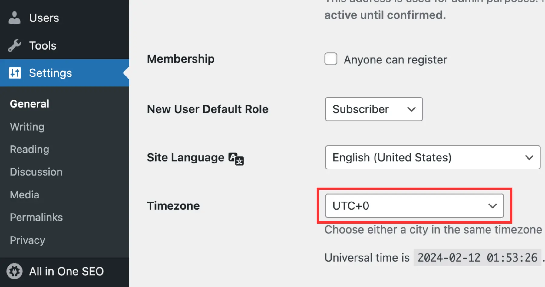 WordPress time zone settings section
