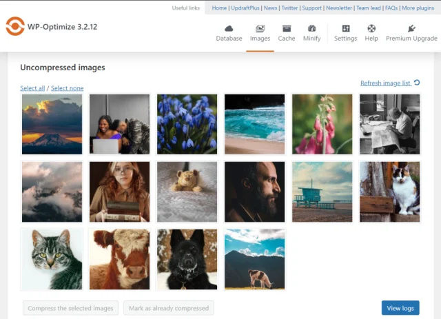 WP-Optimize 'Uncompressed images' page