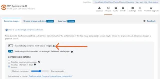In the 'Compress images' tab, enable the 'Automatically compress newly-added images' toggle