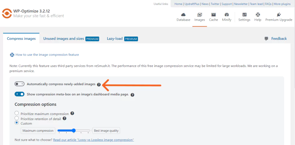In the 'Compress images' tab, enable the 'Automatically compress newly-added images' toggle