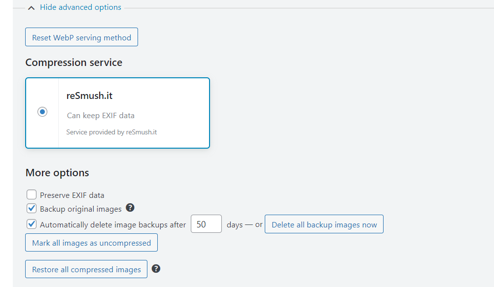 In WP-Optimize select 'reSmush.it' in the 'Compression service' section