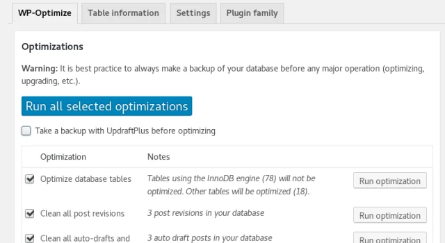 WP-Optimize tab options