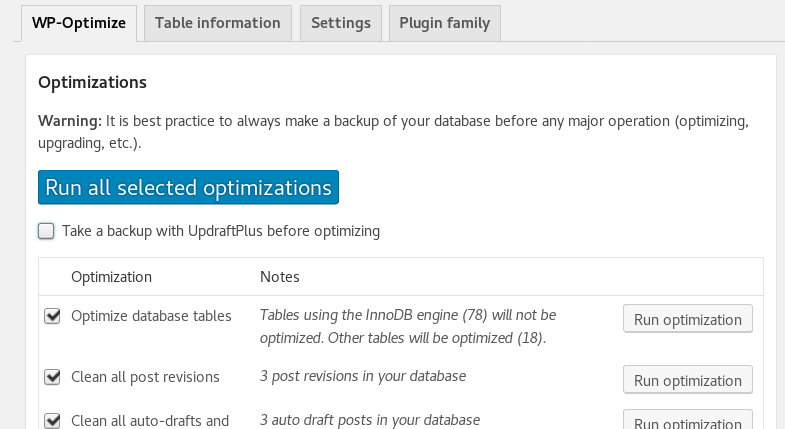 WP-Optimize tab options