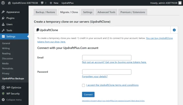 to 'Create a temporary clone on our servers' add UpdraftPlus account details