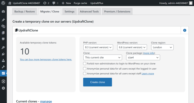 In the 'Migrate/clone' tab go to 'Create a temporary clone on our servers' and select 'Create clone' button