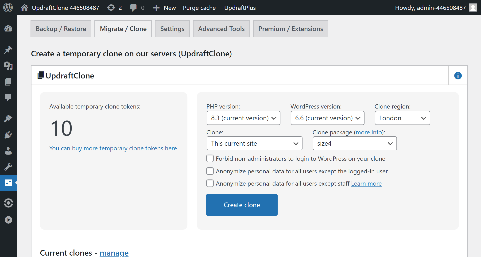 In the 'Migrate/clone' tab go to 'Create a temporary clone on our servers' and select 'Create clone' button