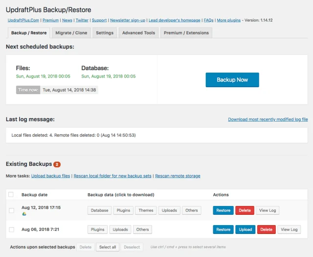 UpdraftPlus Backup/Restore dashboard