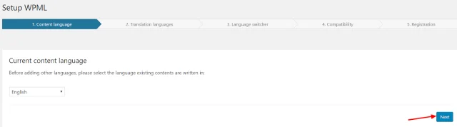 'Setup WPML page' options, select 'Next' button to proceed