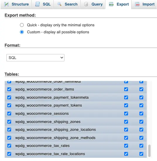 Export tab options in phpMyAdmin