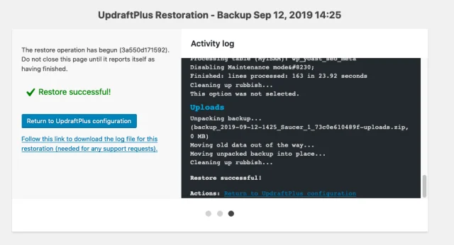 UpdraftPlus restoration activity log message - 'Successful'