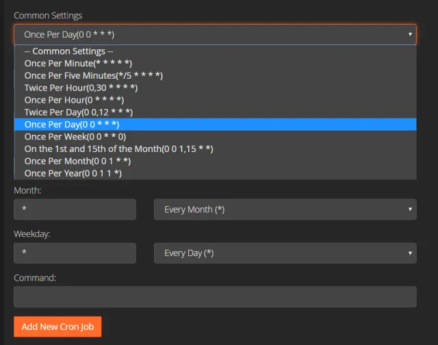 In the 'Common Settings' option, select 'Once Per Day(0 0 * * *)' from the dropdown menu.