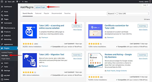 In the 'Plugins' select 'Add New' , then search for Tutor LMS and select 'Install Now' button