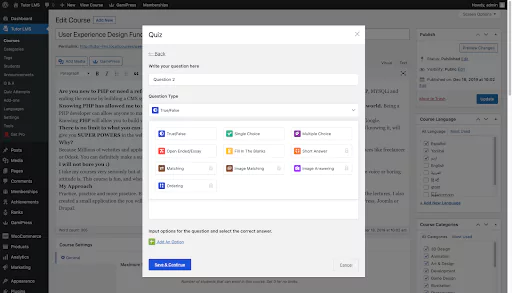Quiz window options