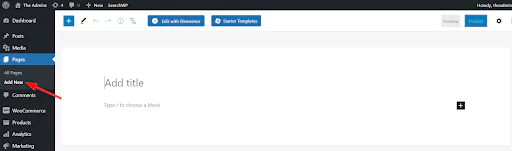 In the WordPress sidebar navigate to 'Pages' then select 'Add New'