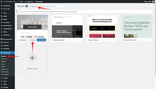 From the WordPress sidebar, navigate to 'Appearance' then select 'Themes' page. To add new theme select 'Add New' button