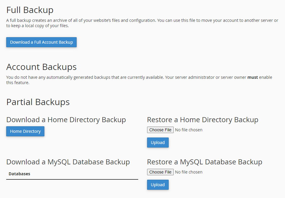 Backup menu page options