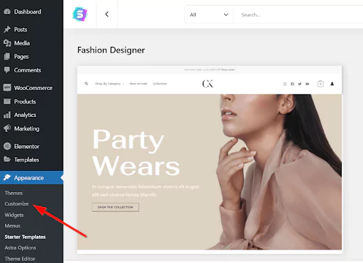 In the WordPress sidebar navigate to 'Appearance' then select 'Customize'