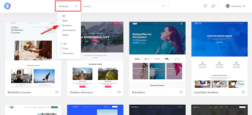 Select 'Business' from the drop down menu, for a business website