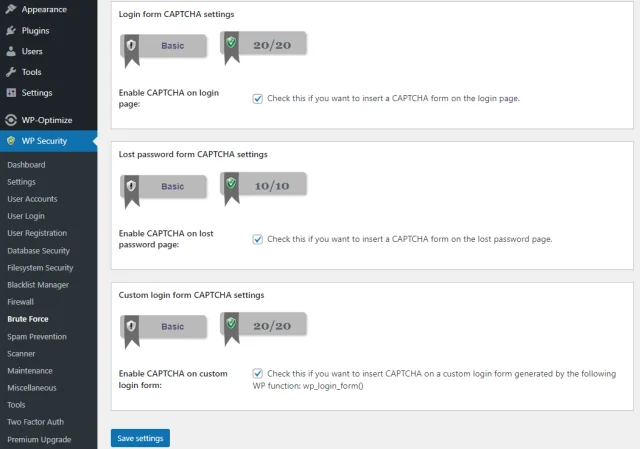 Select 'WP Security' from the WordPress sidebar, then select 'Brute Force' page to view and edit CAPTCHA settings