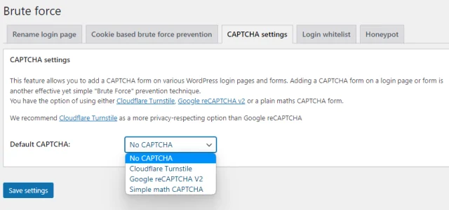 In the 'CAPTCHA settings' tab go to 'Default CAPTCHA' section and select 'Cloudflare Turnstile' from the dropdown menu