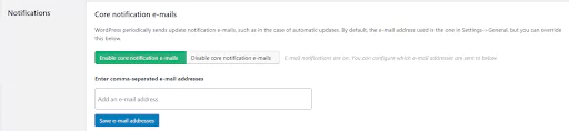 Core notification emails section