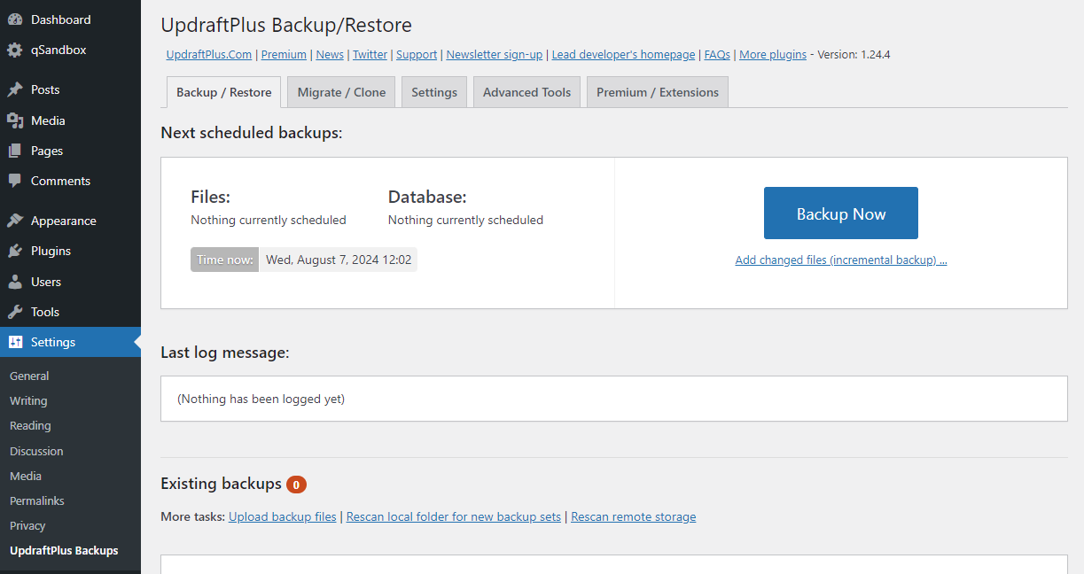 Creating a backup in UpdraftPlus