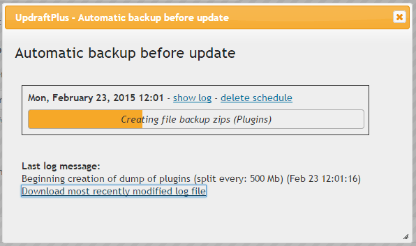 'Automatic backup before update' dialogue