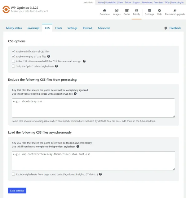 WP Optimize 'CSS' tab options