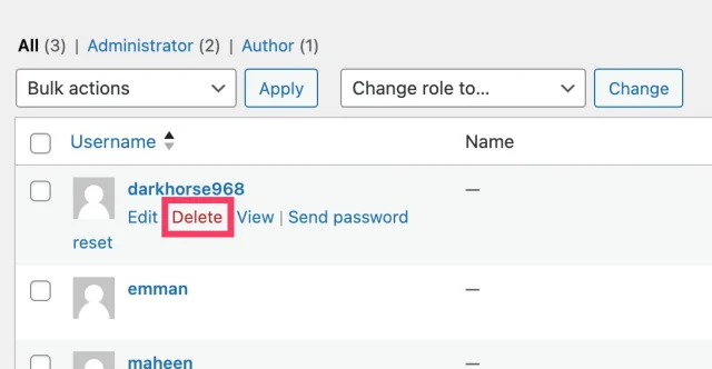 Delete users who you find suspicious by selecting 'Delete' button below their username
