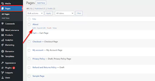 Go to WordPress 'Pages' list and select 'Edit' button under the page title
