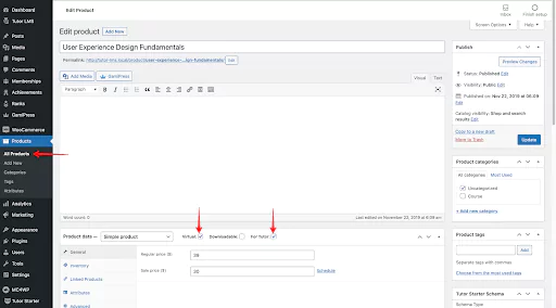 In the WordPress 'Products' sidebar go to 'Edit Product' Page to add name, price etc