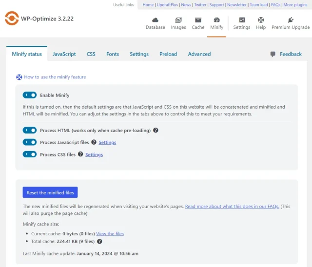 WP Optimize 'Minify status' tab options