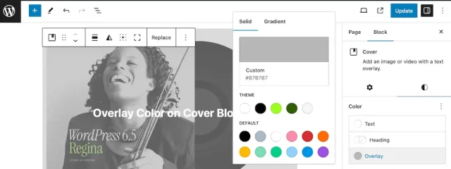 Example of overlaying color on cover block in WordPress 6.5