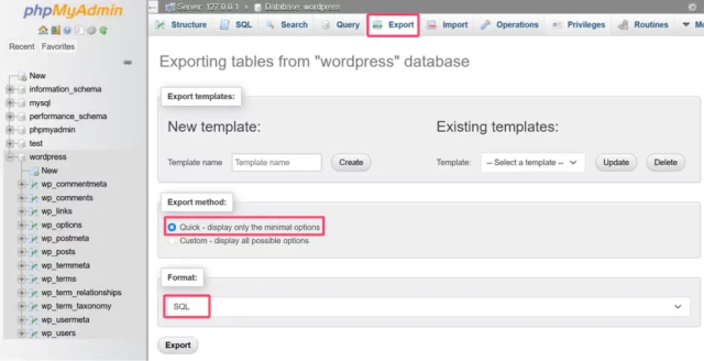 In the 'Export' tab got to 'Export method' then select 'Quick' and use the 'Format' as 'SQL' in phpmyadmin