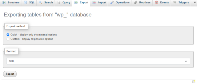 Exporting tables from the WordPress database options